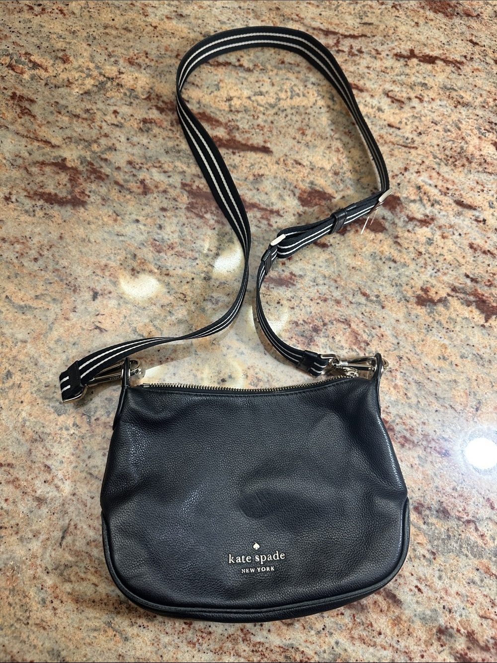 kate spade Black Pebbled Leather Crossbody with Striped Strap
